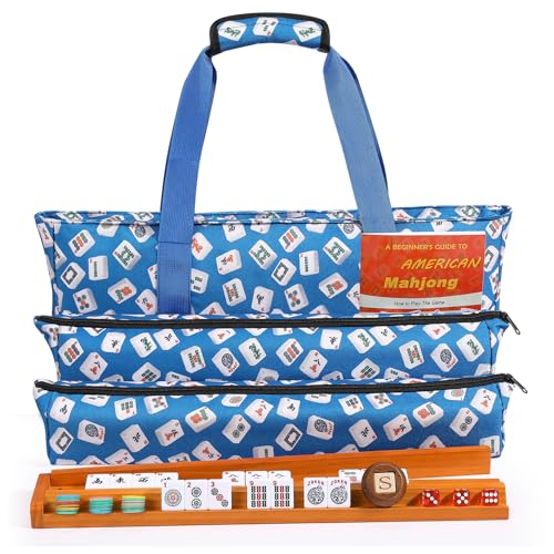 American Mahjong Tile Set, 166 White Tiles & 4 All-in-One Wooden Racks with Pushers, Mah Jongg Game Sets with Blue Mahjong-Themed Carrying Bag - color: Blue