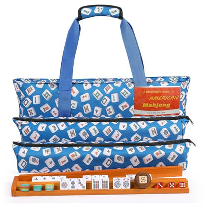 American Mahjong Tile Set, 166 White Tiles & 4 All-in-One Wooden Racks with Pushers, Mah Jongg Game Sets with Blue Mahjong-Themed Carrying Bag - color: Blue