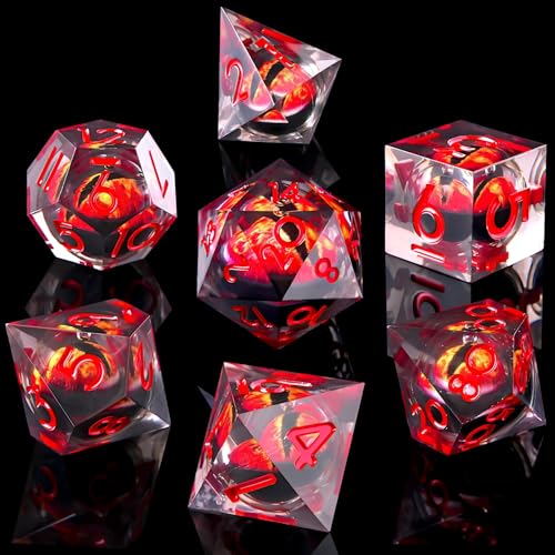 Beholder'S Eye DND Dice- Dragon Eye Liquid Core Sharp Edge Handmade Dice Set for Dungeons and Dragons Ttrpg, Multi-Sided RPG Polyhedral Resin Roleplaying(Green Purple) - color: Red