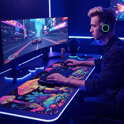 Simpkeely Large Gaming Mouse Pad XL - Blacklight Skull Mushroom Desk Mat, 31.5 x 11.8 Inch Extended Waterproof Keyboard Mousepad with Non-Slip Rubber Base for Gamers & Office Work - color: Mushroom Skull