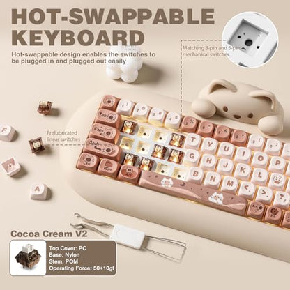 YUNZII C68 Silicone Cute Cat Mechanical Keyboard (Brown,Cocoa Cream Switch) | Wireless Triple Mode BT5.0/2.4G/Wired, RGB Backlit NKRO, Cute Cat Silicone Ergonomic Design for Win/Mac - color: Brown, size: Cocoa Cream V2 Switch