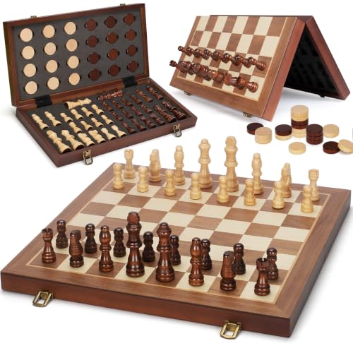2 in 1 Magnetic Chess Set & Checkers Board Game, 15" Wooden Folding Chess Board with 2 Extra Queens, Portable Travel Chess Set with Pieces Storage Slots, Beginner Chess Board Game for Adults & Kids