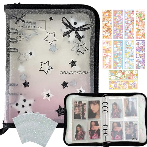 Kpop Photocard Binder Kpop Photocard Holder Book with 50pcs Holographic Photocard Sleeves&10 Korean Stickers, 6 Ring A5 Binder Photocard Album 25 Inner Pages with 200 Pockets (Black Heart) - color: Black Heart