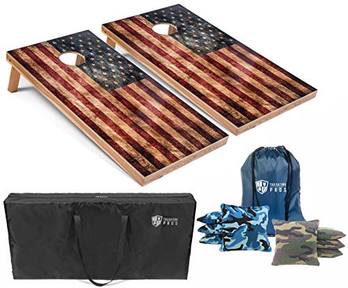 Tailgating Pros Rustic American Flag Cornhole Boards w/Bean Bags - 4'x2' Distressed Flag Cornhole Game w/Multicolored LED Ring, Carrying Case & Corn Hole Bags - color: Blue Camo / Green Camo