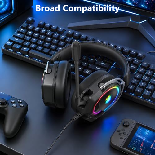 K98 Wired RGB Gaming Headset with Mic, Over Ear Gaming Headphones, 50mm Neodymium Drivers, Noise Isolating Microphone, Memory Foam Cushions, Aluminum Alloy Frame for PC, PS5, PS4, Xbox, Switch - color: Black/Gray RGB