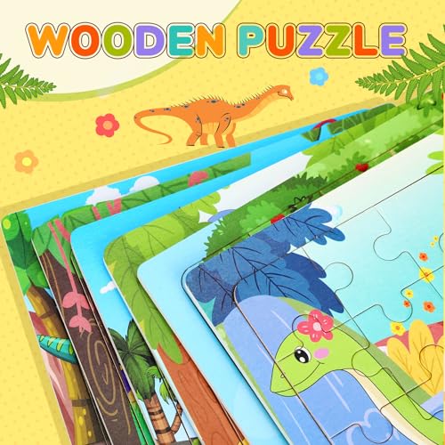 SANNIX 12 Pack Dinosaur Wooden Jigsaw Puzzles with Organize Bags, Dinosaurs | Animals Toddlers Puzzles for Kids Ages 3 4 5, Party Favors Educational Learning Travel Toys for Boys Girls - style: Dinosaurs