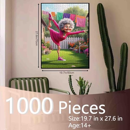 Funny Cartoon Granny Jigsaw Puzzle for Adults 1000 Piece Colorful Backyard Scene Elderly Lady Doing Yoga in Garden 20×27 Inches Puzzles Fun Brain Game for Family and Friends Stress Relief - color: Puzzle-old Woman-03
