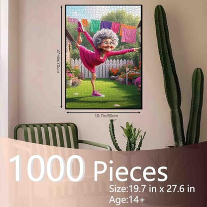 Funny Cartoon Granny Jigsaw Puzzle for Adults 1000 Piece Colorful Backyard Scene Elderly Lady Doing Yoga in Garden 20×27 Inches Puzzles Fun Brain Game for Family and Friends Stress Relief - color: Puzzle-old Woman-03