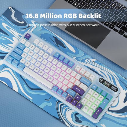 KZZI Z98 Wireless Mechanical Keyboard, Smart Display & Knob, BT5.0/2.4GHz/USB-C, Hot Swappable Custom Keyboard, Pre-lubed Linear Switches, Gasket Mount, RGB Creamy Gaming Keyboard - color: Blue Sea, size: Linear Rainbow Switch