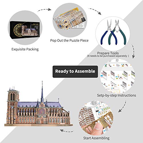 Piececool 3D Metal Puzzles for Adults and Teens, Notre Dame De Paris Church Metal Model Kit, Challenge French Cathedral Brain Teaser Architecture Building Blocks Puzzle, 382 Pcs - color: Colorful