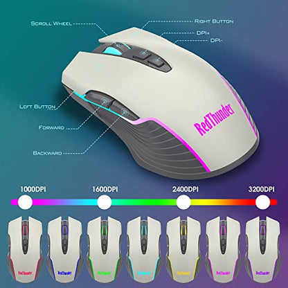 RedThunder K10 Pro Wireless Gaming Keyboard and Mouse Combo, RGB Backlit Rechargeable 3800mAh Battery, Mechanical Feel Anti-ghosting Keyboard + 7D 3200DPI Mice for PC Gamer(White Gray) - color: White-Gray RGB
