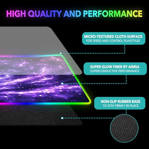 AIMSA RGB Mouse Pad LED Gaming Mouse Pad with 14 Lights Modes, Non-Slip Rubber Base Computer Carpet Desk Mat for PC Laptop (35.4 x 15.8 inch) Purple Blue Nebula - color: Purple Blue Nebula