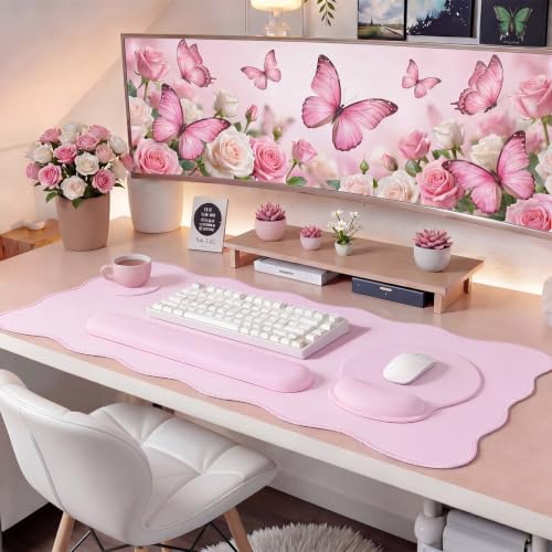 Sabary Scalloped Desk Mat Keyboard Mouse Pad Set 35.5 x 15.7 Inch Pink Preppy Table Mat Keyboard Wrist Rest Cute Aesthetic Mouse Pad with Wrist Rest Coaster Ergonomic Non-Slip Waterproof Gaming Desk - color: Pink, size: 35.5 x 15.7 Inch