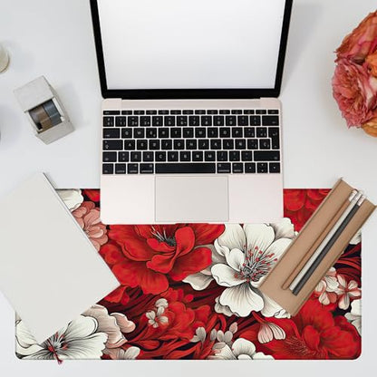 Desk Pad, Red and White Flowers Desk Mat, Retro Red Floral Large Gaming Mouse Pad, 31.5"x15.7" Extended Big Computer Keyboard Mouse Pad with Non-Slip Base and Stitched Edge - color: Red and White Flowers