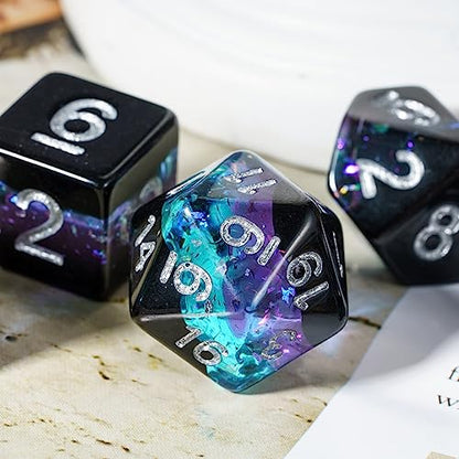 Foil DND Dice Set Black Polyhedral Dice Set D&D for Tabletop Games | Leather Storage Bag, DM Gift, for Dungeons and Dragons Role Playing Games - color: Black/Blue/Purple