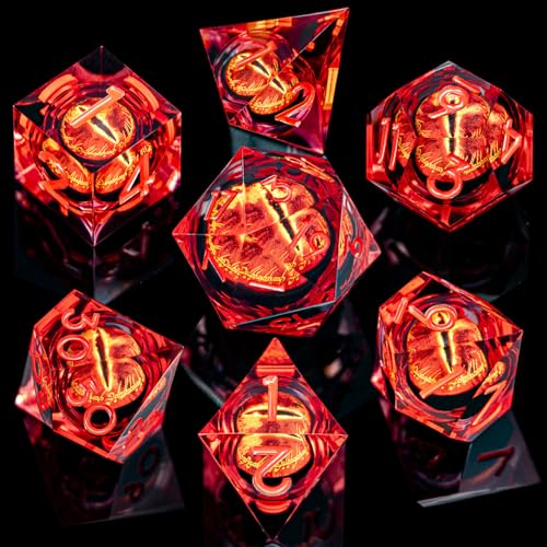 ARUOHHA DND Resin Dice Gazes Eye Dice Red Liquid Core Flaming RPG Sharp Edged Dice Set with Gift Box, Polyhedral D and D Dice Set Compatible with Dungeons Dragons Role Playing Game D20 D6 - color: Sl01-red