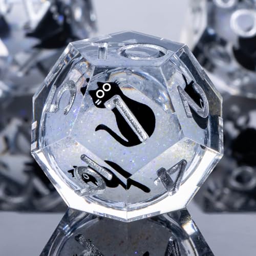 Roycevon Resin DND Dice Set with Gift Box, 7Pcs Liquid Core Cat D&D Dice, Cute Dungeons Dragons D and D Dice, Sharp Edge Role Playing Game Dice D20 D12 D10 D8 D6 D4, White - color: White