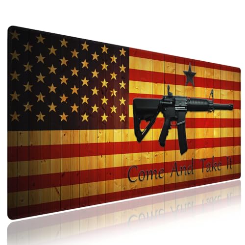 Come and Take It Gun Rights Large Mouse Pad, Wood US Pride Flag Desk Mat | Keyboard Mat Stitched, 31.5" x 11.8", Vintage Wooden American Flag, Patriotic 2nd Amendment, Texas, AR-15 Man Cave - color: Vibrant Design J02K