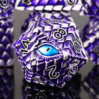 Metal Dice Set D&D,7 PCS Dragon Scale Metallic DND Dice Set,Dragon Eye Metal Dice with Grogeous Gift Case for Dungeons and Dragon Tabletop Game (Purple Dragon Scale & Blue Eye) - color: Purple Dragon Scale & Blue Eye