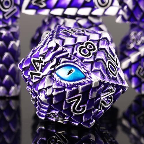 Metal Dice Set D&D,7 PCS Dragon Scale Metallic DND Dice Set,Dragon Eye Metal Dice with Grogeous Gift Case for Dungeons and Dragon Tabletop Game (Purple Dragon Scale & Blue Eye) - color: Purple Dragon Scale & Blue Eye