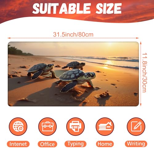 Large Gaming Mouse Pad for Desk, Baby Turtles On Beach Desk Mat, Cute Sea Turtle Desk Pad, 31.5"x15.7" Extended Big Computer Keyboard Mouse Pad with Non-Slip Base and Stitched Edge - color: Baby Turtles on Beach