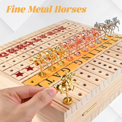 Horse Race Board Game, Foldable Wood Race Board, Race Horse Game | 21 In Horse Race Board with 11 Metal Horses 2 Dice 2 Decks of Cards and 120 Chips for Friends Adults Family Party Game Night
