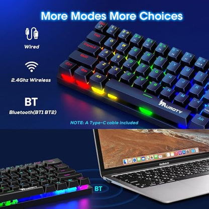60% Wireless Mechanical Gaming Keyboard, Clicky Blue Switch RGB Backlit | Pauroty Triple Mode 2.4G/USB-C/Bluetooth Gaming Keyboard, 61 Keys Rechargeable Mini Keyboard for iPad Mac PC Xbox