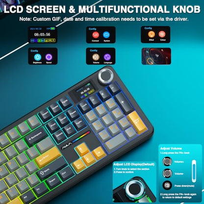 AULA F108 PRO - Wireless Mechanical Keyboard with Screen&Knob,Hot Swappable Gaming Keyboard with 8000mAh Battery,Pre-lubed Switches,RGB Backlit,PBT Keycaps Creamy Sounding Computer Keyboards,104 Keys - color: Gray&Yellow