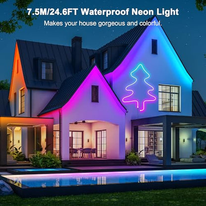Cozylady RGB Neon Light LED Rope Light,Waterproof Bluetooth APP Remote Control Music Sync Strip Light,24V Flexible DIY Silicone Light for Bedroom Home Indoor Outdoor Decoration - size: 7.5M/25Ft