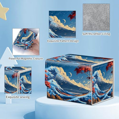 for MTG Commander Deck Box,Card Deck Box for Trading Yugioh MTG,Fits 100 Double Sleeved Cards,PU Leather Strong Magnet Case for Magic Commander TCG CCG,Sea Wave Moon - color: Sea Wave Moon