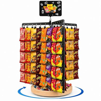 Chip Rack Display Stand, 360° Rotating 6-Sided Chip Holder Display for Countertop with 75 Adjustable Clips, Wooden Base Tray, DIY Message Board & Pen, Snack Display Rack for Concession Stand, Retail, Office, Parties - size: Rotatable use