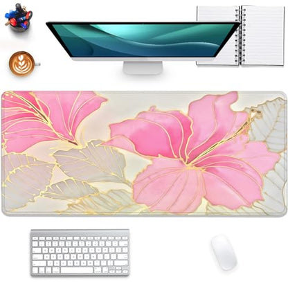 Abstract Floral Mouse Pad Desk Mat,Pink and Gold Extended Gaming Mouse Pad with Stitched Edges,Non-Slip Waterproof Rubber Base for Office,Computer,Keyboard,Laptop and Home Desk Pad(27.5X11.8 in) - color: Abstract Flower Pink and Gold