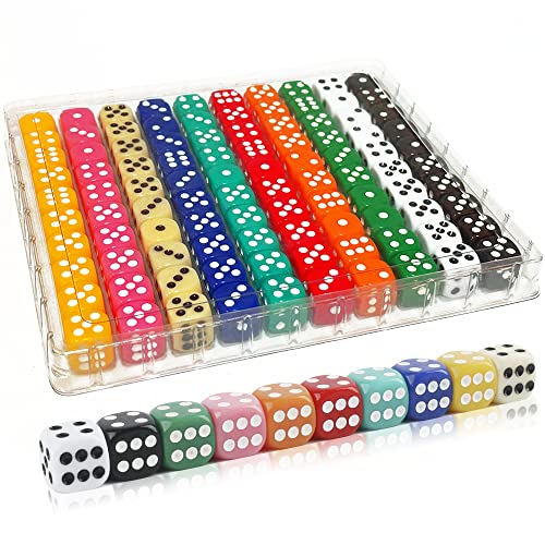 100 Pieces 16MM Dice Set, 6 Sided Colored Dices with Portable Plastic Box | High Quality Opaque 10 Colors Games Dice for Board Games, Parties, Classroom Math Bulk Dice