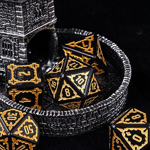 cusdie 7 Pcs 25mm Giant DND Dice with Dragon Eye Dice Bag, Polyhedral Dice Set, D&D Dice for Pathfinder RPG(Black) - color: Black Gold