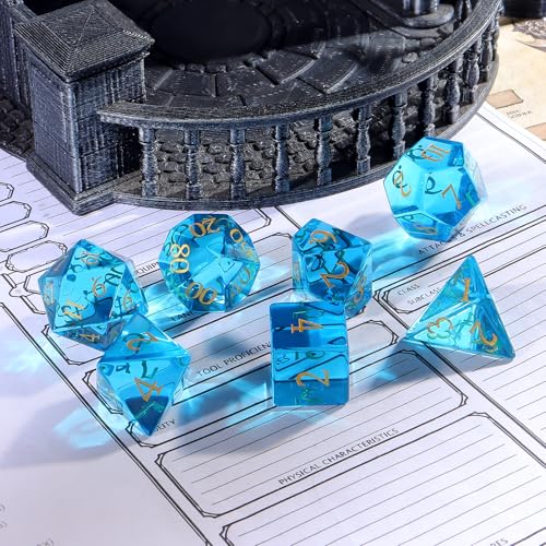 LUCKY-M 7-Piece Crystal Glass Polyhedral Dice Set with Case for Dungeons & Dragons, RPG Games - color: Blue Glass