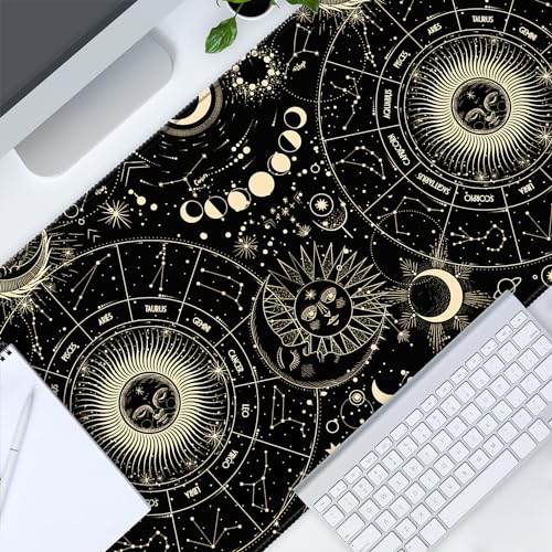 XXL Large Gaming Mouse Pad & Desk Protector (35.5"x15.75") with Non-Slip Base, Waterproof Surface | XXL Mouse Pad with Stitched Edges for Office Work, Gaming, Home Desk - Black Moon Sun - color: Black