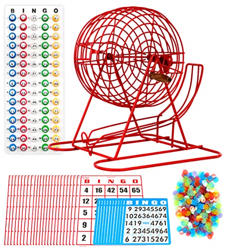 Regal Bingo Red Professional Bingo Game Set with 11" Wheel Cage, 75 Bingo Balls, Master Board, 18 Bingo Cards & 25 Jumbo Reusable Cards, and Colorful Chips - Bingo Games for Adults Large Group - color: Professional Red