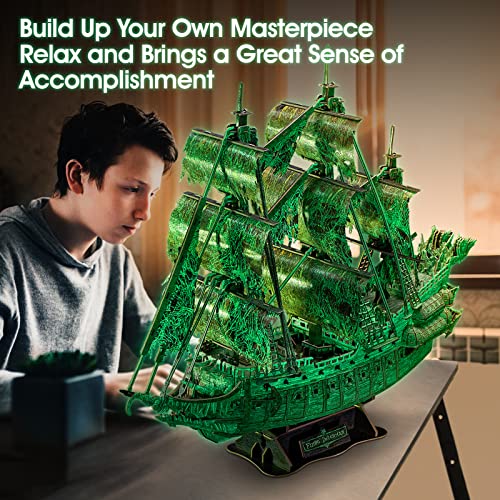 CubicFun 3D Jigsaw Puzzles Dutch Ship Model Flying Luminous Haunted Pirate Ship DIY for Adults and Kids, Building Kits Office Decoration for Women and Men, 360 Pieces
