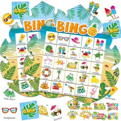 39Pcs Hawaiian Bingo Game for Adults Kids 24 Players Tropical Summer Palm Leaves Bingo Game Cards with Reward Stickers for Family Friend Student Large Group Activities Luau Theme Party Supplies Favors - style: Hawaiian