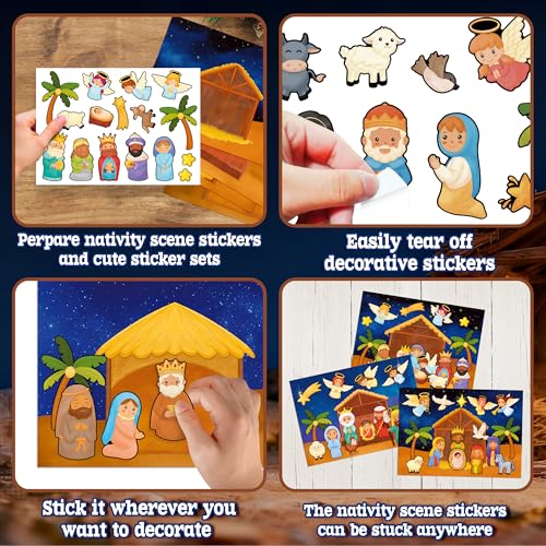 48 Sheets Nativity Scene Stickers, Religious Christian Christmas Stickers Nativity Crafts for Kids School Classroom, Christmas Activities Games for Kids Party Favors 24 Finished Products - style: Nativity Scene 48 Sheets