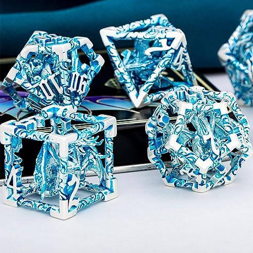 ARUOHHA Hollow DND Dice Set Silver Blue 5-Headed Dragons D and D Dice with Gift Box, Role Playing Games 7PCS Metal Dungeons Polyhedral Dice RPG Dice Set D20 D12 D10 D8 D6 D4 - color: Silver Blue-02