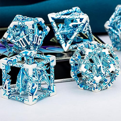 ARUOHHA Hollow DND Dice Set Silver Blue 5-Headed Dragons D and D Dice with Gift Box, Role Playing Games 7PCS Metal Dungeons Polyhedral Dice RPG Dice Set D20 D12 D10 D8 D6 D4 - color: Silver Blue-02