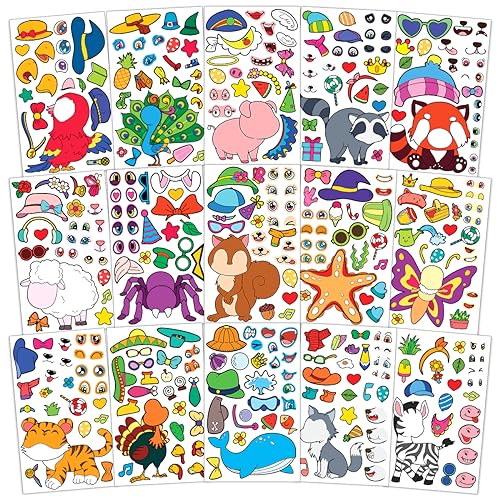 15 Sheets Make Your Own Animal Stickers for Kids Girls Boys Toddlers Face Decal Set Large Print Custom Waterproof Decals Party Favor Pack Craft Sticker Books Supplies Decoration