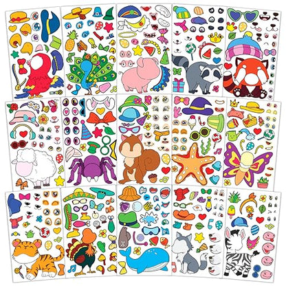 15 Sheets Make Your Own Animal Stickers for Kids Girls Boys Toddlers Face Decal Set Large Print Custom Waterproof Decals Party Favor Pack Craft Sticker Books Supplies Decoration