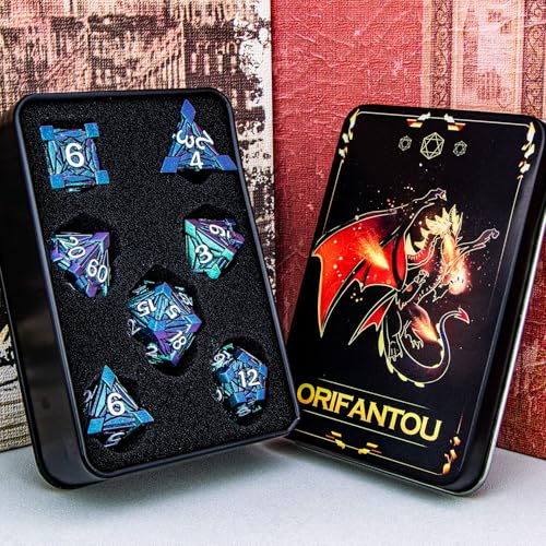 7PCS Metal DND Dice Set with Box, Debris RPG Green Purple D and D Dice for use with D&D Tabletop Games Role Playing Game Polyhedral Dice Set D20 D12 D10 D8 D6 D4 - color: Purple Green&white