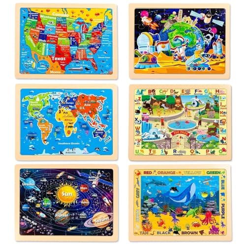 Wooden Puzzles for Toddlers 3-5,6 in 1 Jigsaw Wooden Solar System Puzzles for Ages 4-6,Preschool Educational Brain Toys Birthday Gifts for Boys and Girls 2 4 3 5 Year Old（World Map） - style: World Map