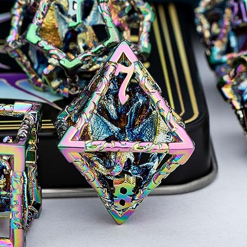 ARUOHHA Hollow DND Dice Set, 7PCS Metal Rainbow D and D Dice Role Playing Games RPG Polyhedral Dice with Gift Box D20 D12 D10 D8 D6 D4 - color: Rainbow