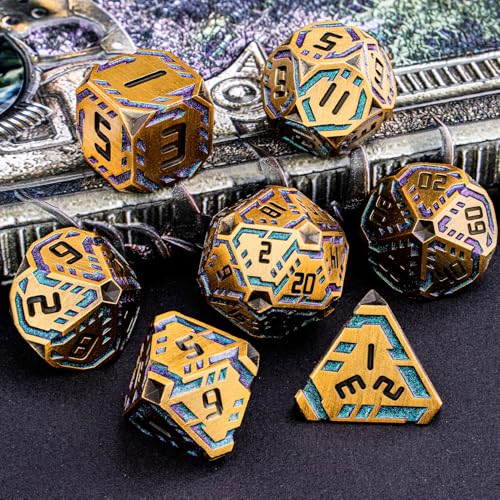 Metal DND Sci-fi Dice Set 7PCS Stripe Polyhedral Dice for Dungeons Dragons RPG Role Playing Game, Glitter D and D Dice with Gift Box D6 D8 D10 D12 D20 (Ancient Gold&Green Purple) - color: Ancient Gold - Green Purple
