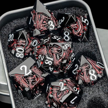 Roycevon Relief Dragon DND Dice Set for Role Playing Game, 7Pcs Metal D&D Dice Set Dungeons Dragons with Gift Box, Polyhedral D and D Dice D20 D12 D10 D8 D6 D4, Red and White - color: Red and White