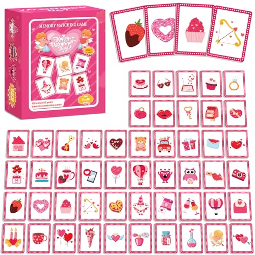 gisgfim 100 PCS Memory Matching Game Valentine's Day Concentration Memory Games Card Educational Game for Kids Educational Ages 3-8 A Fun & Fast Heart Gnome Matching Games - style: Valentine's Day